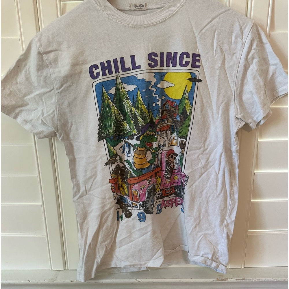 Brandy Melville White 'Chill Since' Graphic Tee with Multicolor Print
